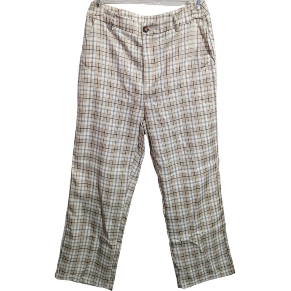 Wdirara Women's Pants sz Large plaid high waist tartan crop khaki white w-202